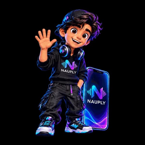 Nau, la mascotte de NAUPLY, salue à côté d'un téléphone