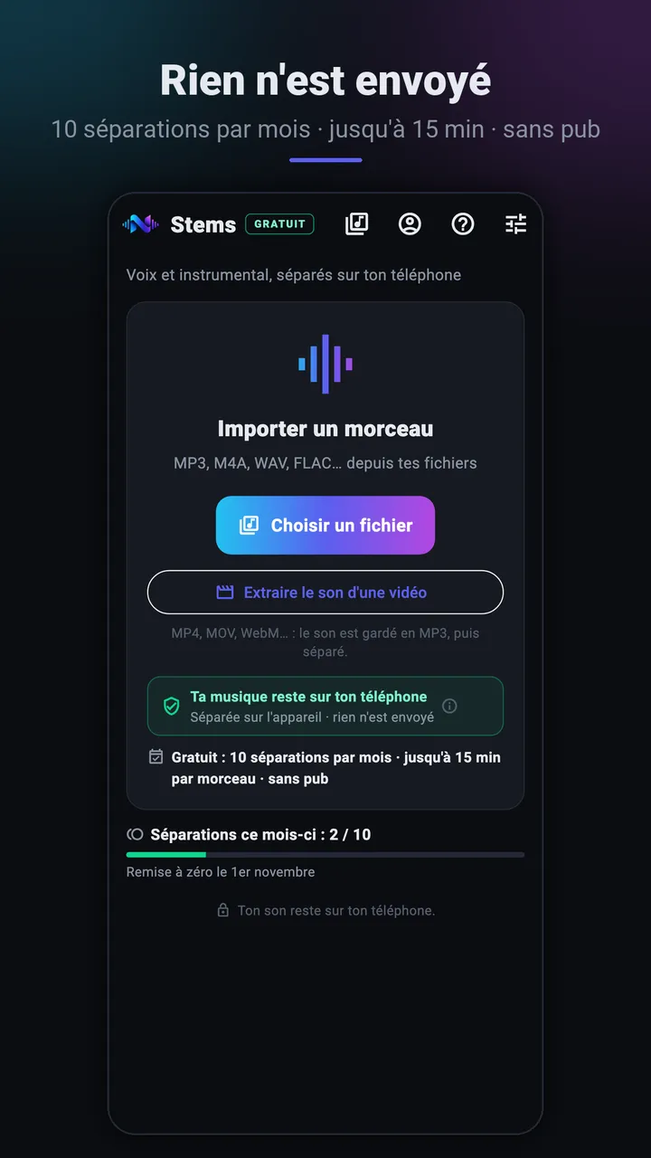 Accueil : importer un morceau, compteur de séparations du mois