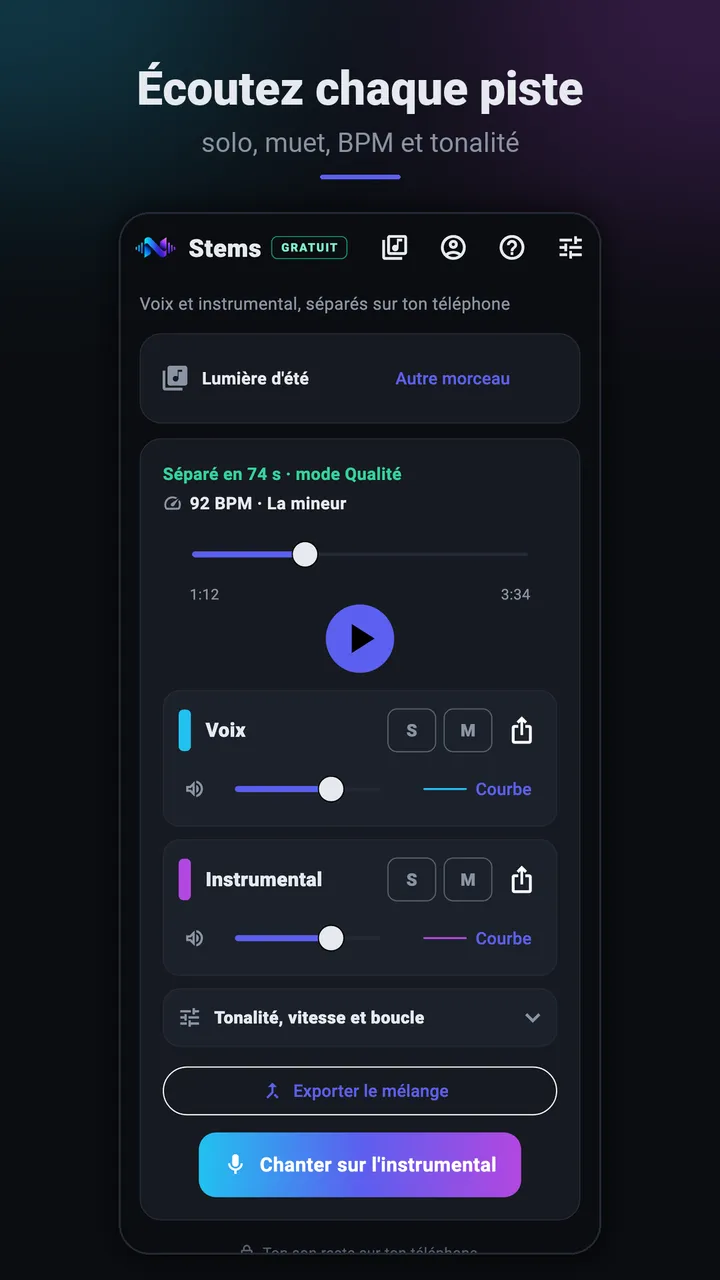 Mixer : voix et instrumental, solo, muet, BPM et tonalité