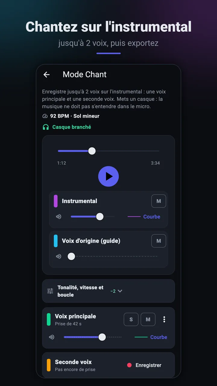 Mode Chant : enregistrer sa voix sur l'instrumental