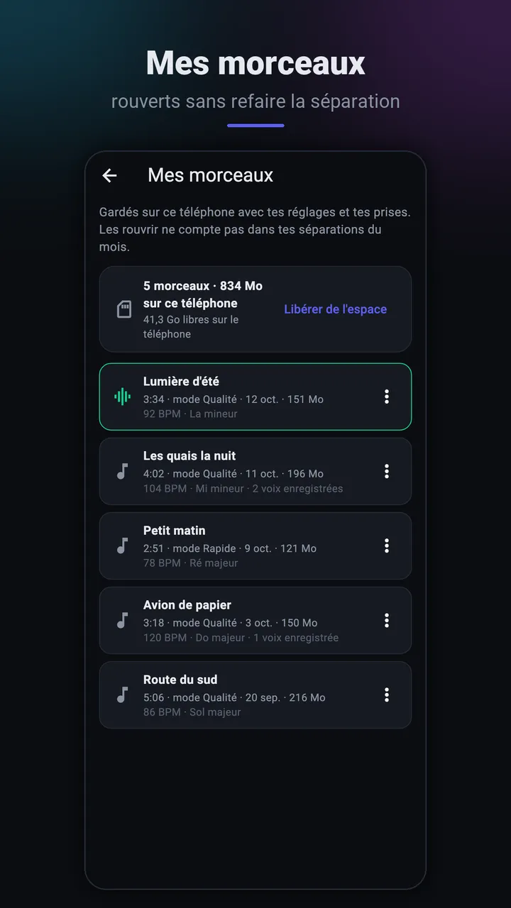 Mes morceaux : la bibliothèque sur le téléphone