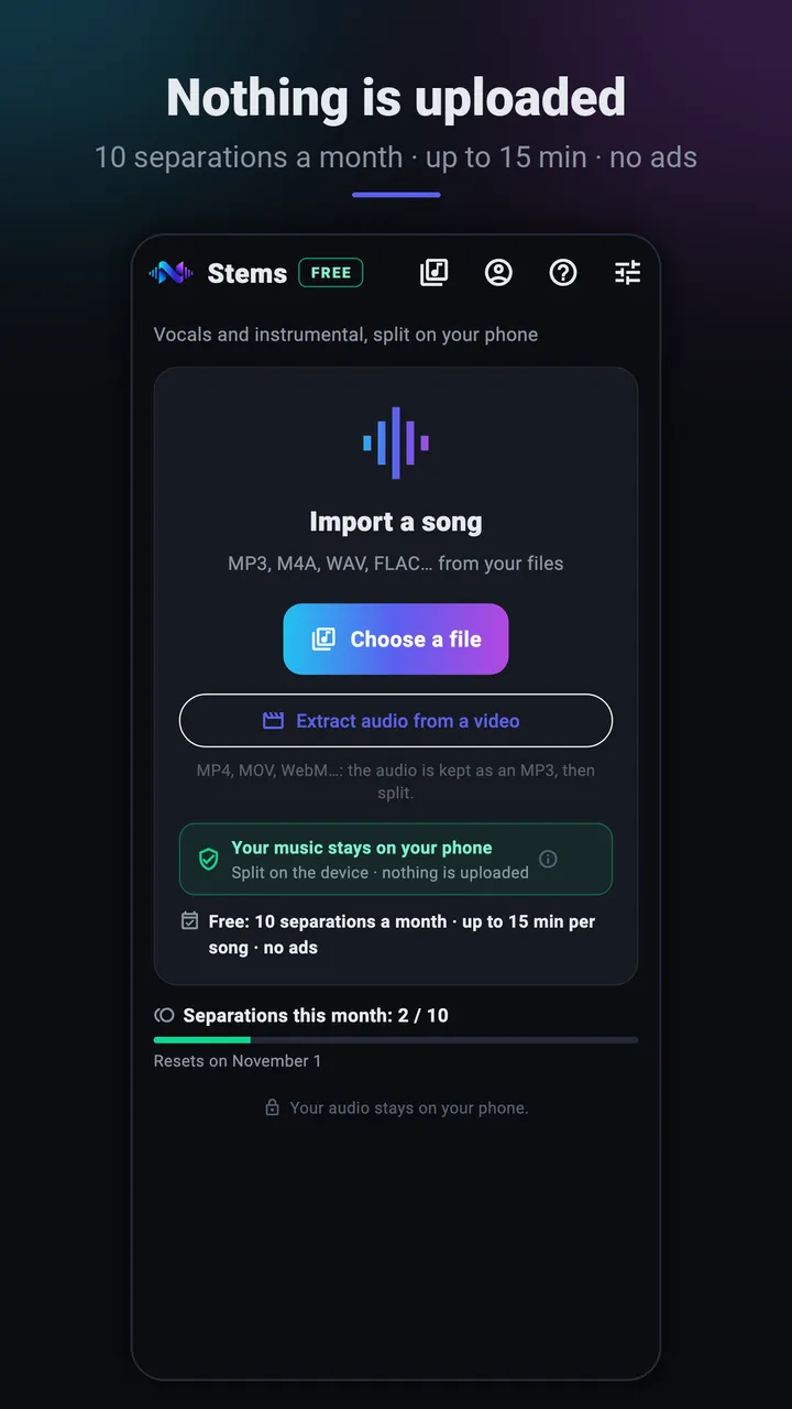 Home: import a song, this month's separation counter