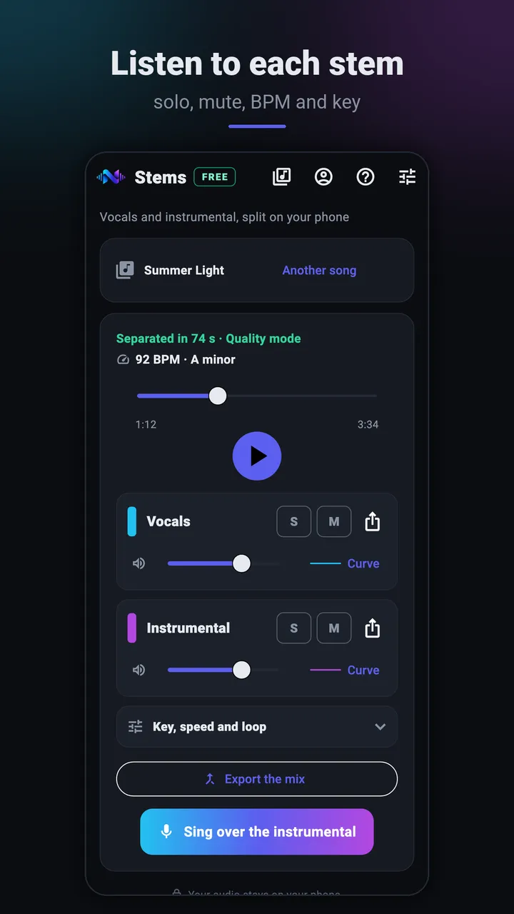 Mixer: vocals and instrumental, solo, mute, BPM and key