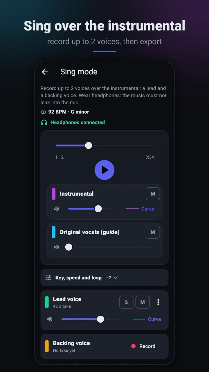 Sing mode: record your voice over the instrumental